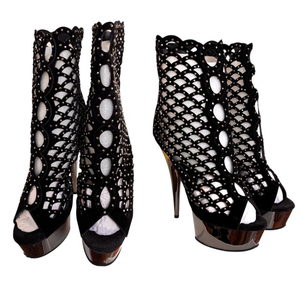 RARE BLACK RHINESTONE CRYSTAL 6" CAGED PEEP TOE GLAM PLEASER HEELS SZ. 8‎ NEW - Picture 3 of 6